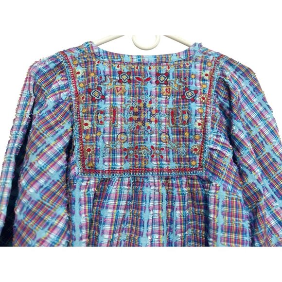Sundance Peasant Embroidered Top Women Small Blue Plaid Puff Sleeves Boho Dainty - Picture 13 of 16